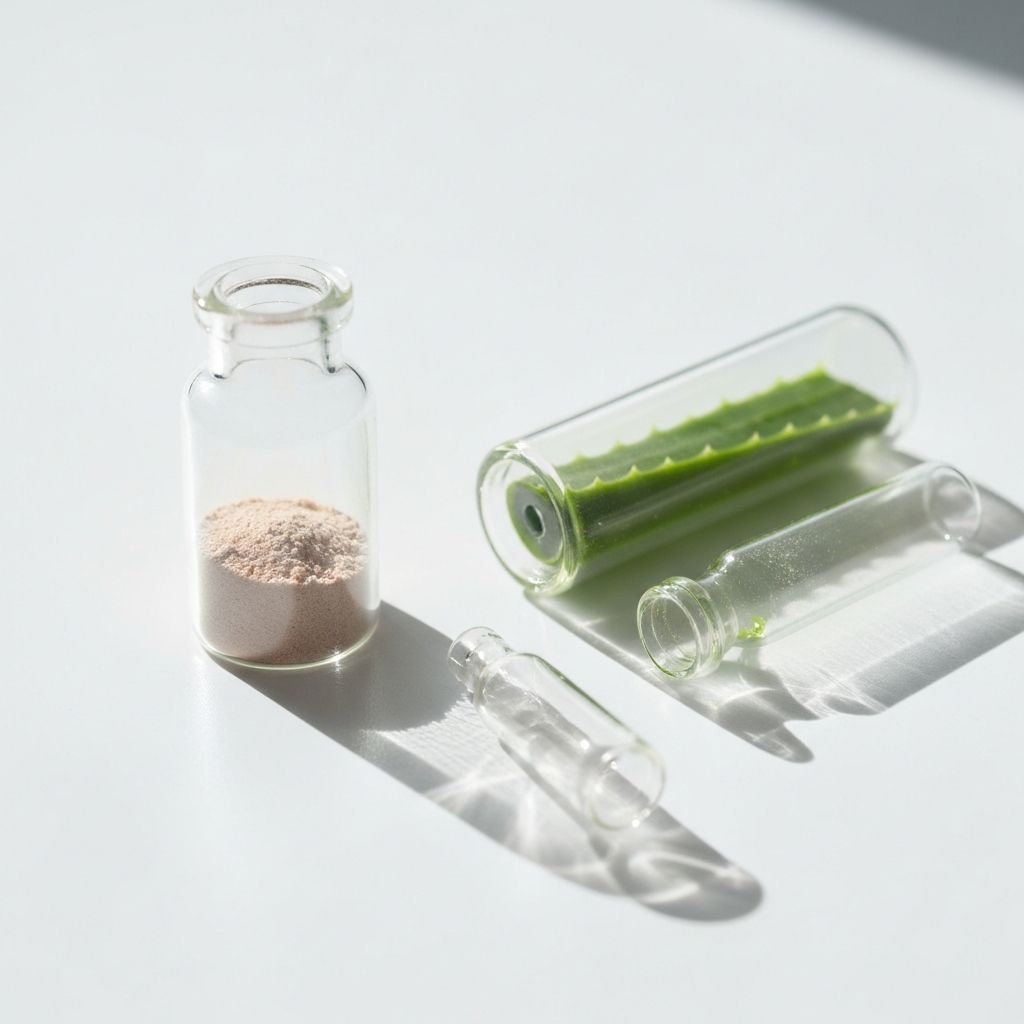 Naturalne składniki regenerujące - ceramidy, pantenol i ekstrakt aloesu w fiolkach laboratoryjnych